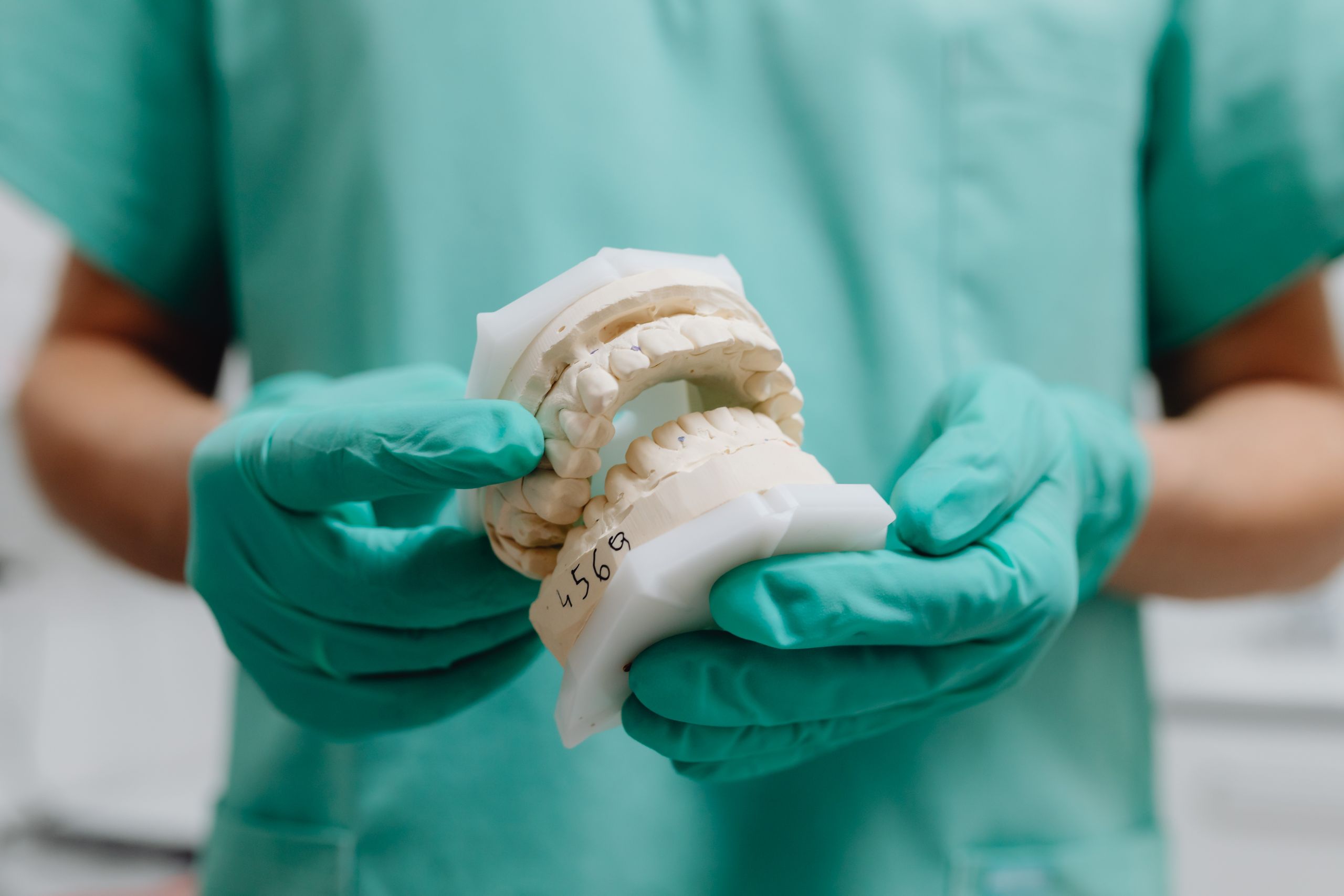 Partial and Complete Dentures 6 Close-up of a dental professional wearing gloves holding a dental cast model.